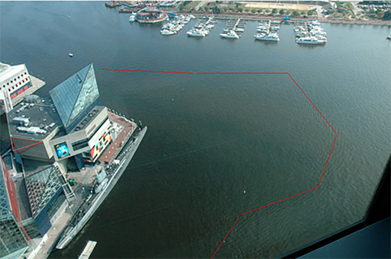 A Karlodinium bloom, reddish-brown water. You can see it by the National Aquarium in the Baltimore Harbor