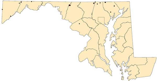 Map of current Baltimore checkerspot locations, mostly northern and western Maryland