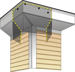 Illustration showing how to attach one-way bat door to corner of roof