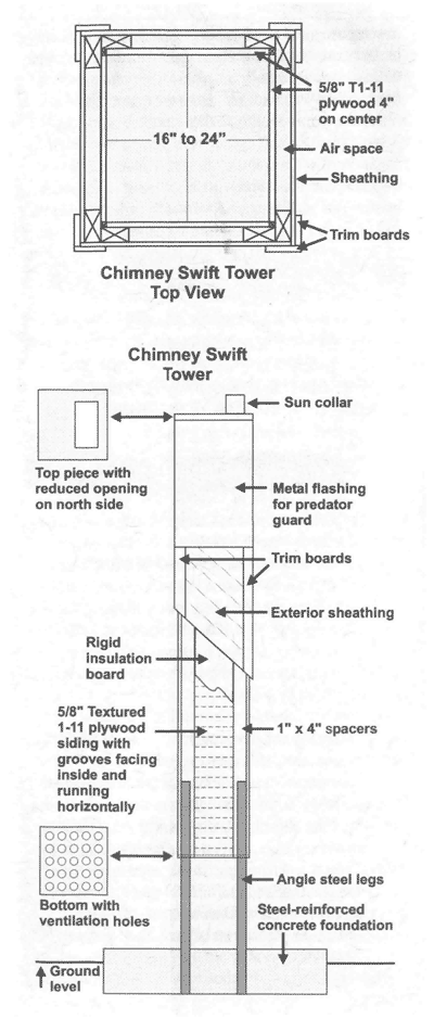 Illustration of building plans for chimney swift tower