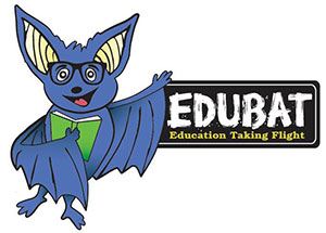 Logo for EDUBAT. A bat with glasses and a book holding a sign that says EDUBAT.