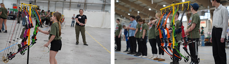 Image Collage: left image student selecting bow, right image bow display 