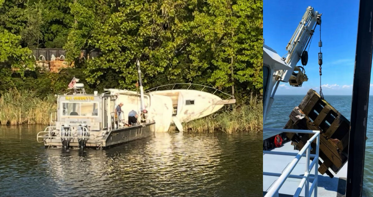 DNR personnel pulling debris from the water, also a photo of an abandoned boat on a beach