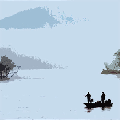 Fishing on the Susquehanna. Photo by Steve Harman Two anglers fishing in a boat with the Susquehanna skyline in the distance